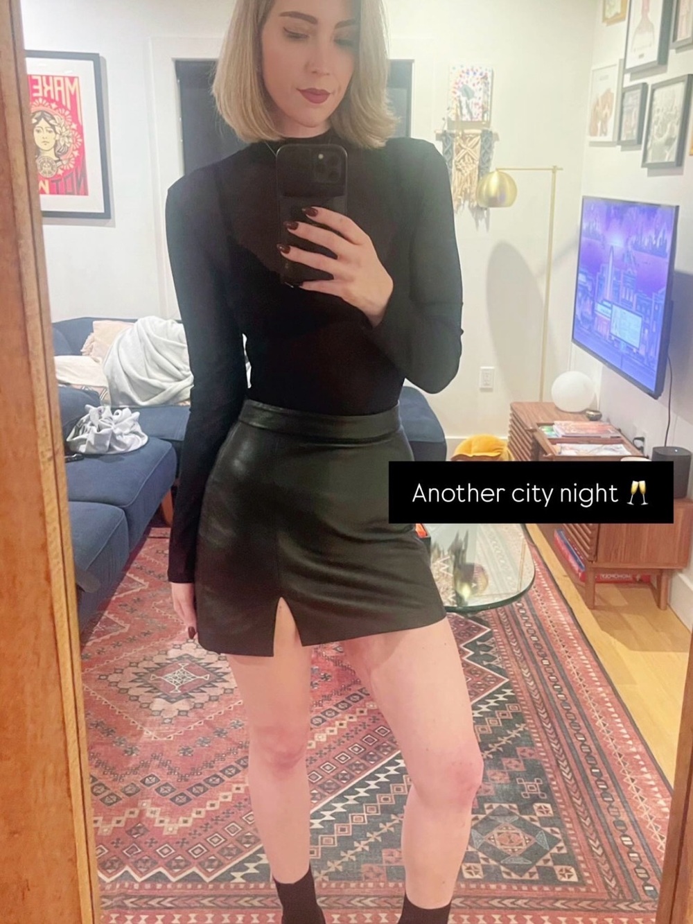 Aritzia Black Faux Leather Mini Skirt with Front Slit